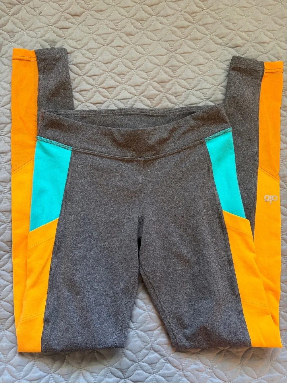 ALO Yoga Ascendent Gray Leggings with Orange & Teal Panels